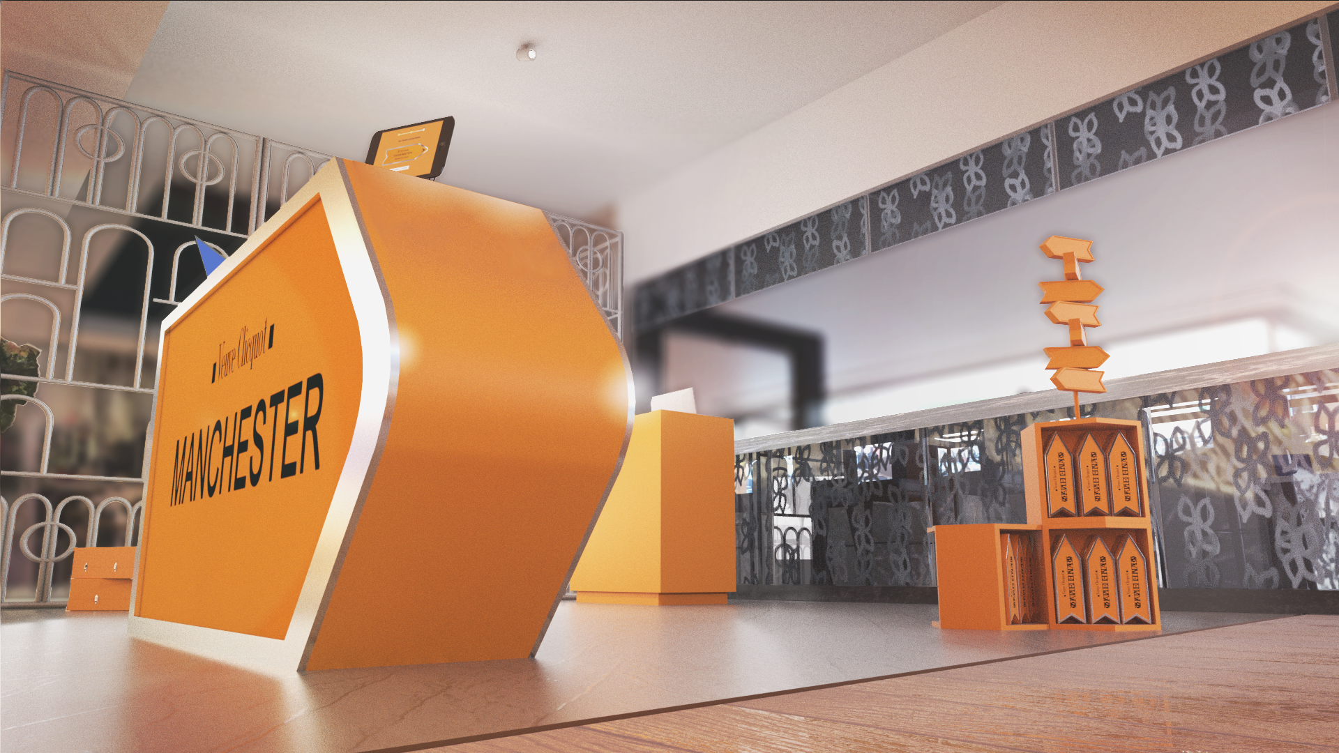 Wide view of a promotional counter in a retail environment